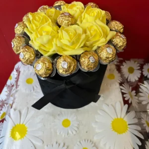 Black Velvet Hat Box with Artificial Yellow Roses and Ferrero Rocher