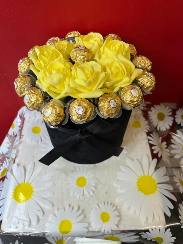 Black Velvet Hat Box with Artificial Yellow Roses and Ferrero Rocher