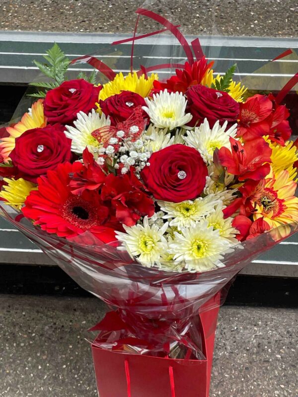 red /yellow and white flower bouquet